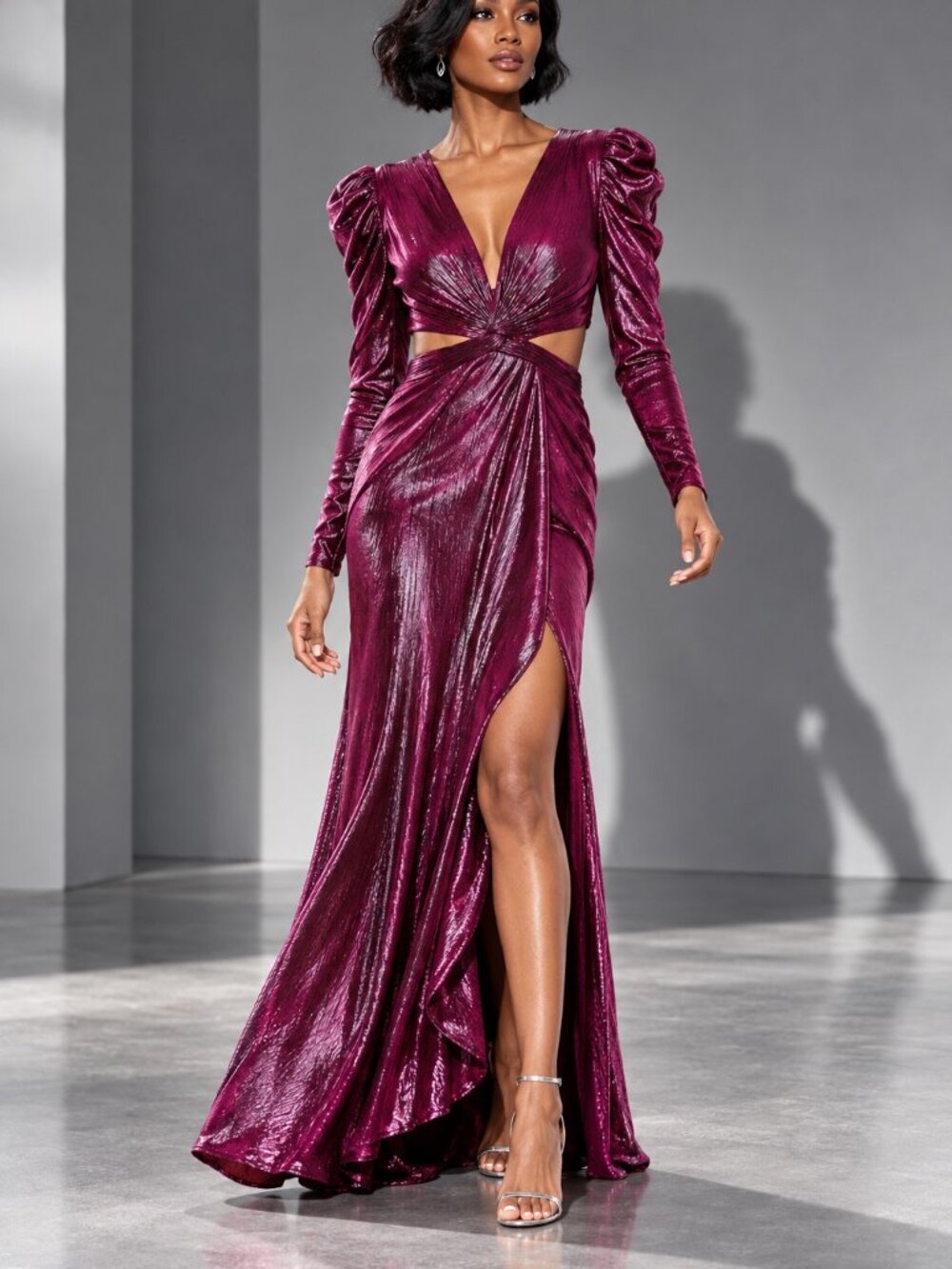 Princess Sleeve Cut Out Metallic Gown